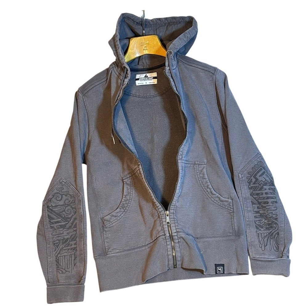 American Giant Zip Hoodie Mens Small Gray Made in USA Rare Graphic Elbow Patch